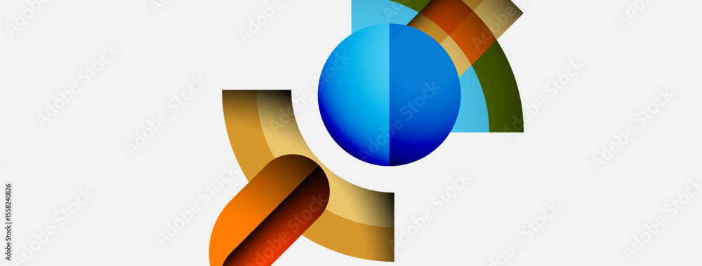 Poster Abstract shapes overlap, creating dynamic composition. Blue sphere dominates, accented by orange, brown tones. Minimalist design.