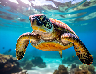 A vibrant green sea turtle gracefully swims in crystal-clear tropical waters, sunlight illuminating its colorful shell and surroundings.