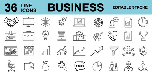 Set of 36 editable line icons related to business and finance. Includes icons for data analysis, investment growth, communication, teamwork, time management, and strategy. Simple, modern outline style