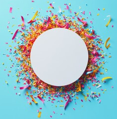 White circle with colorful confetti, ribbons on light blue bg