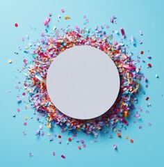 White circle with colorful confetti, ribbons on light blue bg
