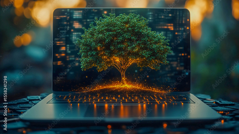 Poster a laptop with a tree growing out of the screen. the tree glows with golden lights. a symbol of ecolo