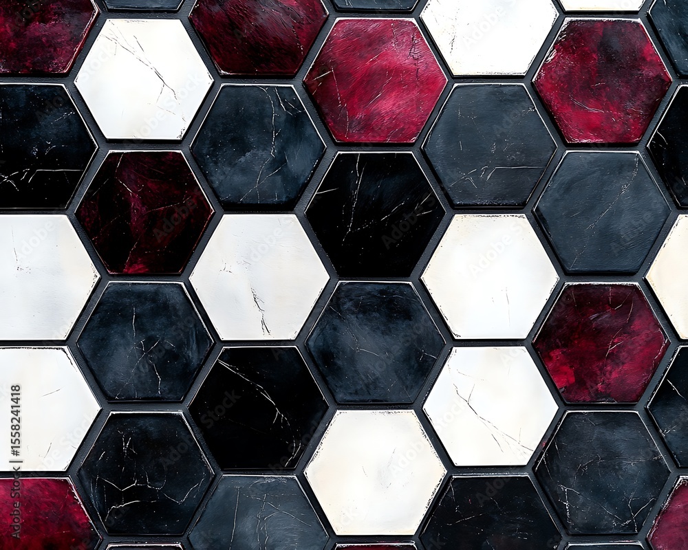 Aufkleber a dramatic hexagonal pattern in shades of black white and deep crimson with sharp contrasting edges