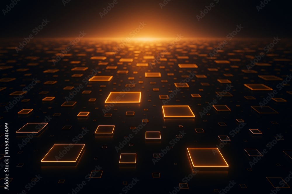 Poster Glowing digital squares background with orange futuristic light effect on dark surface, creating abstract technology-inspired graphic concept scene.