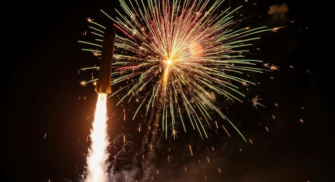 Rocket launch with colorful fireworks display against a night sky - Powered by Adobe