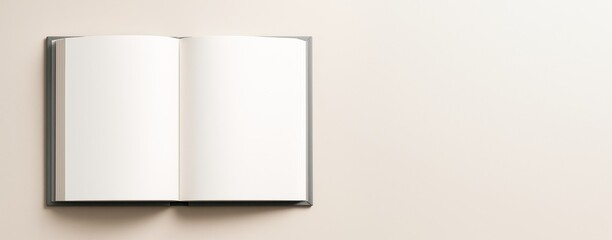 Open blank book on beige background with clean pages and soft light, perfect for copyspace or design template concept in minimal layout.