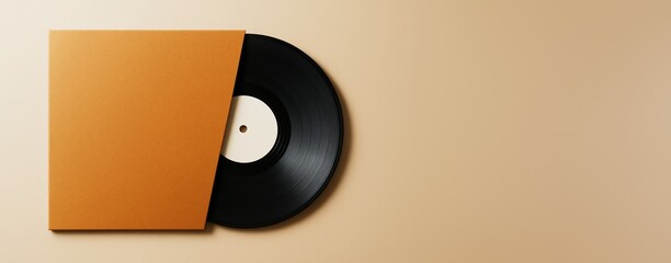 Vinyl record partially in orange sleeve on beige background with copy space for advertising or design template concept. Ai generative.