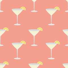 Image of lemon cocktail on pink background in flat style. Seamless pattern. Vector.