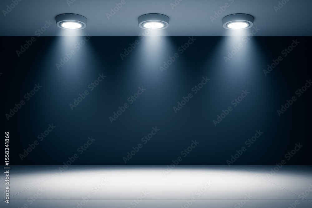 Poster empty dark room with three ceiling spotlights casting bright beams on floor and wall, perfect for pr