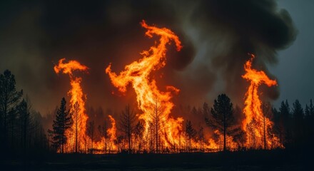 Forest fire with large flames and heavy smoke in the dark evening