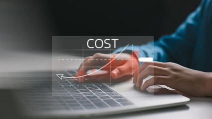 A close-up of a person typing on a laptop with a cost analysis graph overlay, illustrating rising expenses or cost management. Ideal for finance, business strategy, and data analytics themes.
