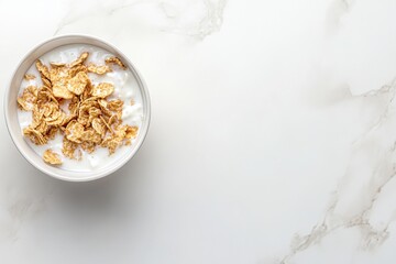 Delicious Bowl of Crunchy Cereal with Yogurt on a Marble Background, Perfect for Breakfast and Healthy Lifestyle Marketing, Morning Routine and Dietary Choices