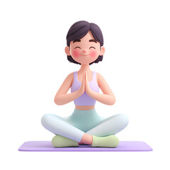 3d icon of cartoon woman in yoga lotus pose with eyes closed isolated on transparent background