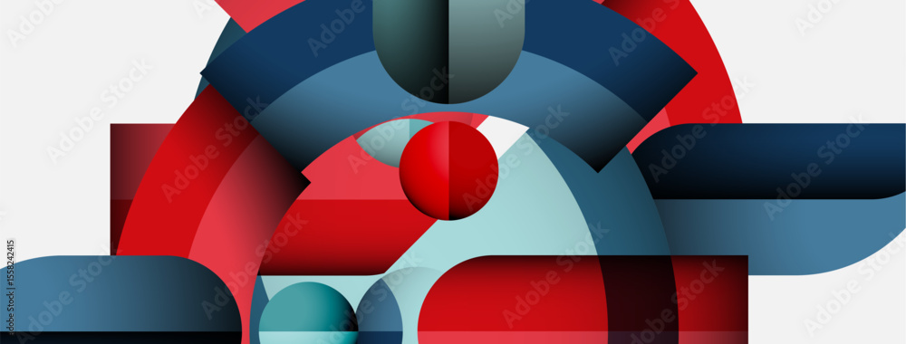Poster Abstract geometric composition. Overlapping shapes create dynamic visual interest. Red, blue, light blue hues dominate design. Minimalist style.