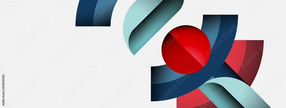 Aufkleber Abstract design features curved ribbons, red sphere. Minimalist composition, clean lines, modern aesthetic. Simple shapes create dynamic visual impact.