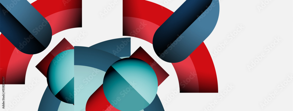 Poster abstract geometric shapes overlap, creating dynamic composition. red, blue, teal hues dominate white