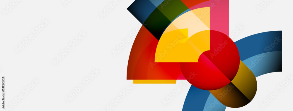 Poster Abstract colorful shapes overlap, creating dynamic composition. Bright hues contrast against white background. Modern design element.