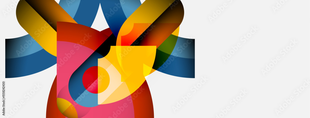 Poster Abstract colorful shapes overlap, creating dynamic composition. Bright hues blend, forming interesting visual texture. Modern design.