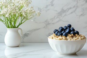 Delicious bowl of oatmeal topped with fresh blueberries and granola, placed on a marble countertop alongside a white vase of delicate flowers, creating a calming and inviting breakfast scene.