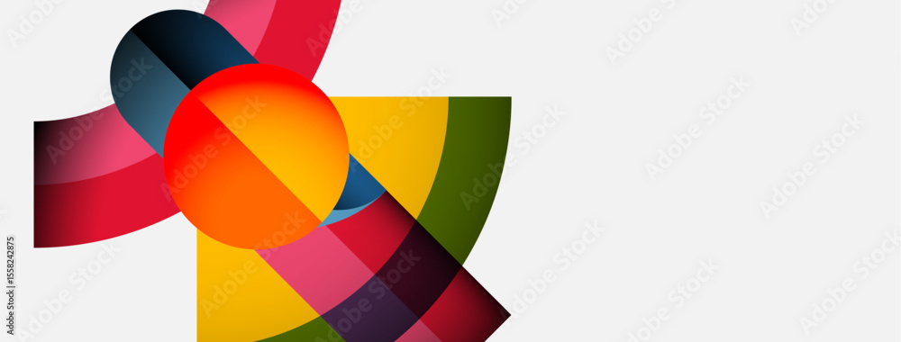 Poster Abstract composition features vibrant overlapping shapes. Colors blend, creating dynamic visual interest. Modern design, simple background.