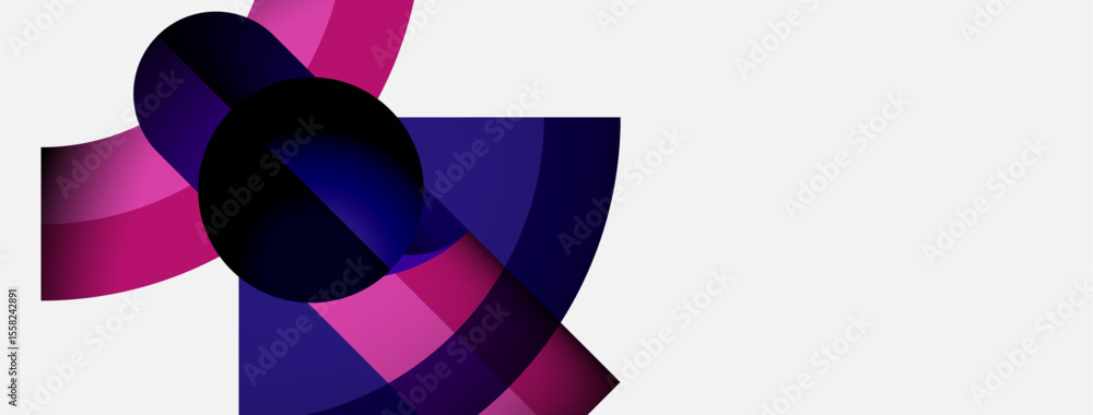 Poster abstract shapes overlap, creating dynamic composition. purple, pink hues dominate white background. 