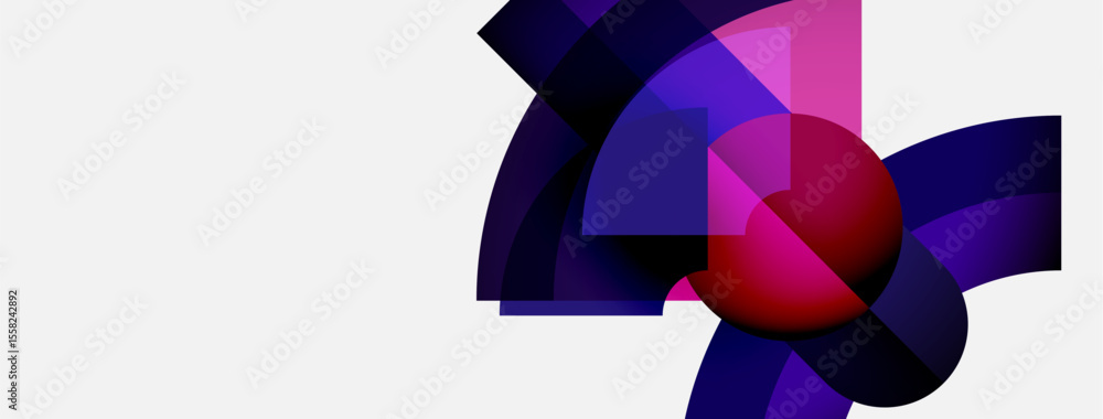Poster abstract composition features vibrant purple, pink hues. sphere intersects flowing ribbons, creating