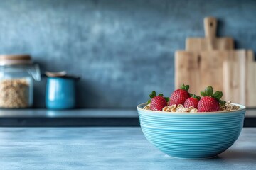 Delicious bowl of oatmeal topped with fresh strawberries and served on a modern kitchen countertop, showcasing vibrant colors and healthy ingredients for a breakfast setting