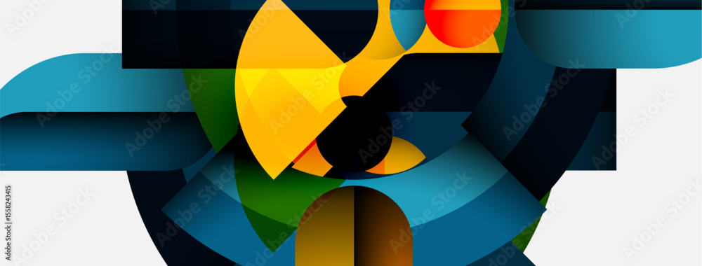 Poster Abstract composition. Geometric shapes overlap, creating dynamic visual experience. Colors blend, forming intriguing patterns. Modern design.