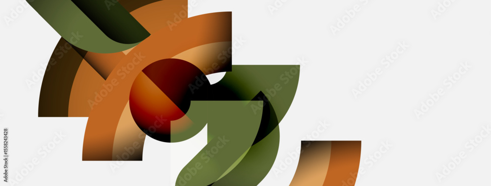 Poster abstract shapes overlap, creating dynamic composition. warm browns, greens dominate neutral backgrou