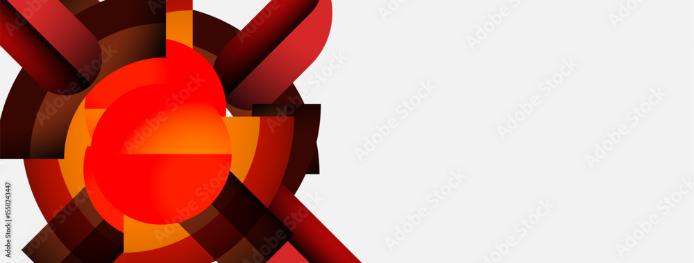 Poster abstract geometric design. red, orange hues dominate, creating circular pattern. white space provide