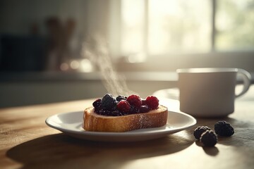 Delicious breakfast toast topped with fresh berries and jam served on a wooden table in a warm and inviting kitchen atmosphere, with a cup of coffee in the background.