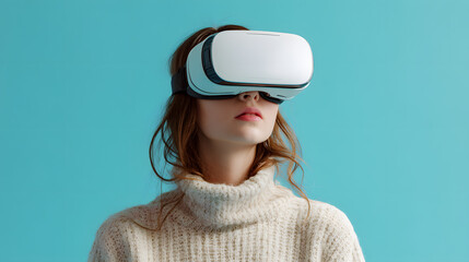 Woman in VR Headset: A young woman wearing a white VR headset against a vibrant blue seamless backdrop immerses herself in the digital world, her expression a mix of focus and wonder.