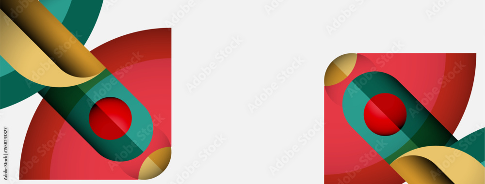 Poster Abstract design features overlapping colorful shapes. Red, gold, green elements create dynamic composition. Minimalist style, clean background.