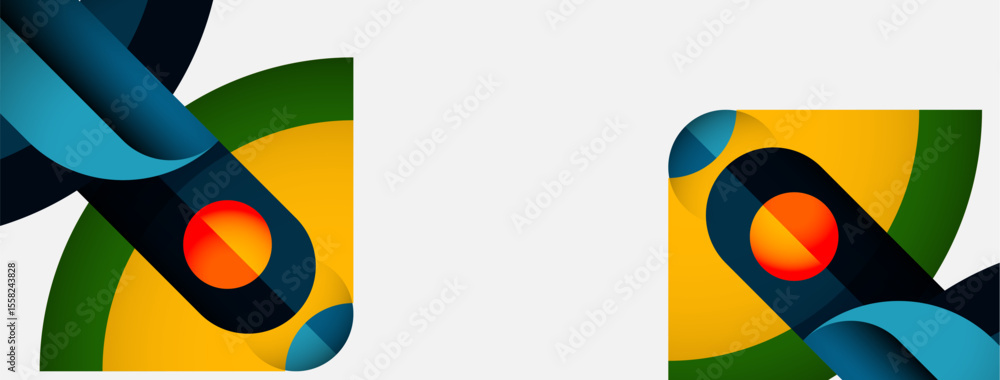 Poster abstract design features vibrant curves, circles, contrasting colors. geometric shapes create dynami