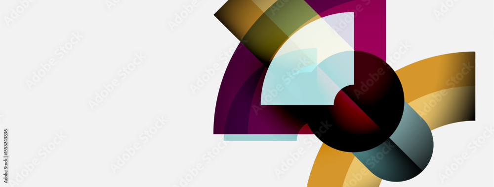 Poster Abstract design features overlapping colorful arcs forming dynamic shape. Minimalist composition with muted tones, clean aesthetic.