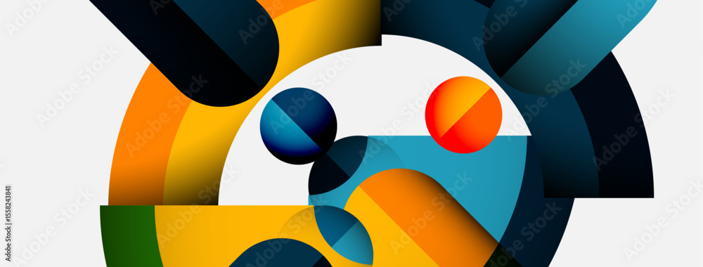 Poster Abstract composition. Overlapping colorful shapes create dynamic visual effect. Modern design, clean lines, bright palette.