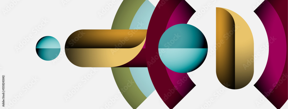 Poster Abstract geometric shapes overlap, creating colorful layers. Design features circles, curves, gold tones, plus teal accents. Modern aesthetic.