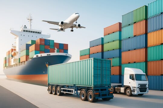 Cargo ship, airplane, and truck with colorful containers in logistics hub under clear sky illustrating modern transport industry concept.