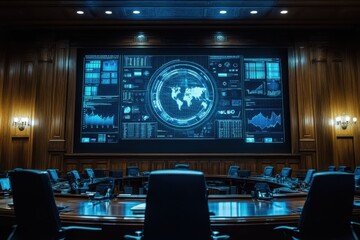 Digital Screen Displaying Data and Charts in Modern Courtroom Environment