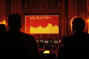 Courtroom Scene with Digital Screen Displaying Stock Market Data in a Traditional Setting