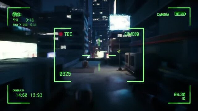 Futuristic Cityscape Video Frame with HUD Overlay and Camera View Display