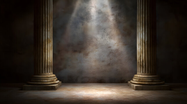 Timeless Elegance: A dramatic scene showcasing two imposing pillars, illuminated by a beam of light casting an ethereal glow.