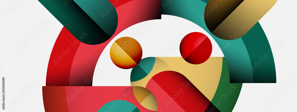 Poster Abstract composition featuring overlapping colorful shapes. Circles, curves, rectangles create dynamic visual interest. Minimalist design, modern aesthetic.