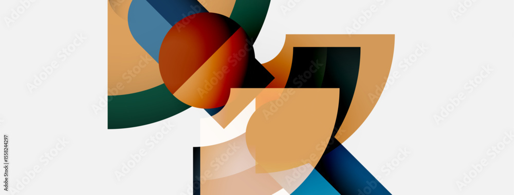 Poster abstract geometric shapes overlap, creating dynamic composition. warm, cool tones blend, suggesting 