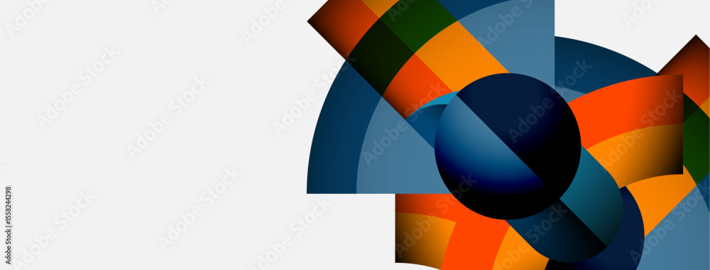 Poster Abstract geometric composition. Colorful arcs, sphere, shapes overlap creating dynamic visual effect. Minimalist design, clean background.