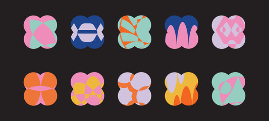 Abstract Colorful Geometric Floral Icons Set – Modern Graphic Design Elements on Black Background