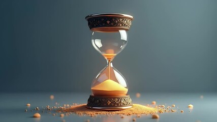 An elegant hourglass icon with glowing golden sand grains on a muted blue-gray background in motion - Powered by Adobe