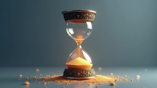 An elegant hourglass icon with glowing golden sand grains on a muted blue-gray background in motion