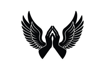 Silhouette art illustration of a praying hands framed by angel wings.eps