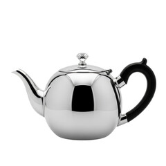 Obraz premium A sleek, modern silver teapot with a black ergonomic handle and a decorative crystal knob, perfect for serving hot beverages in a contemporary setting.